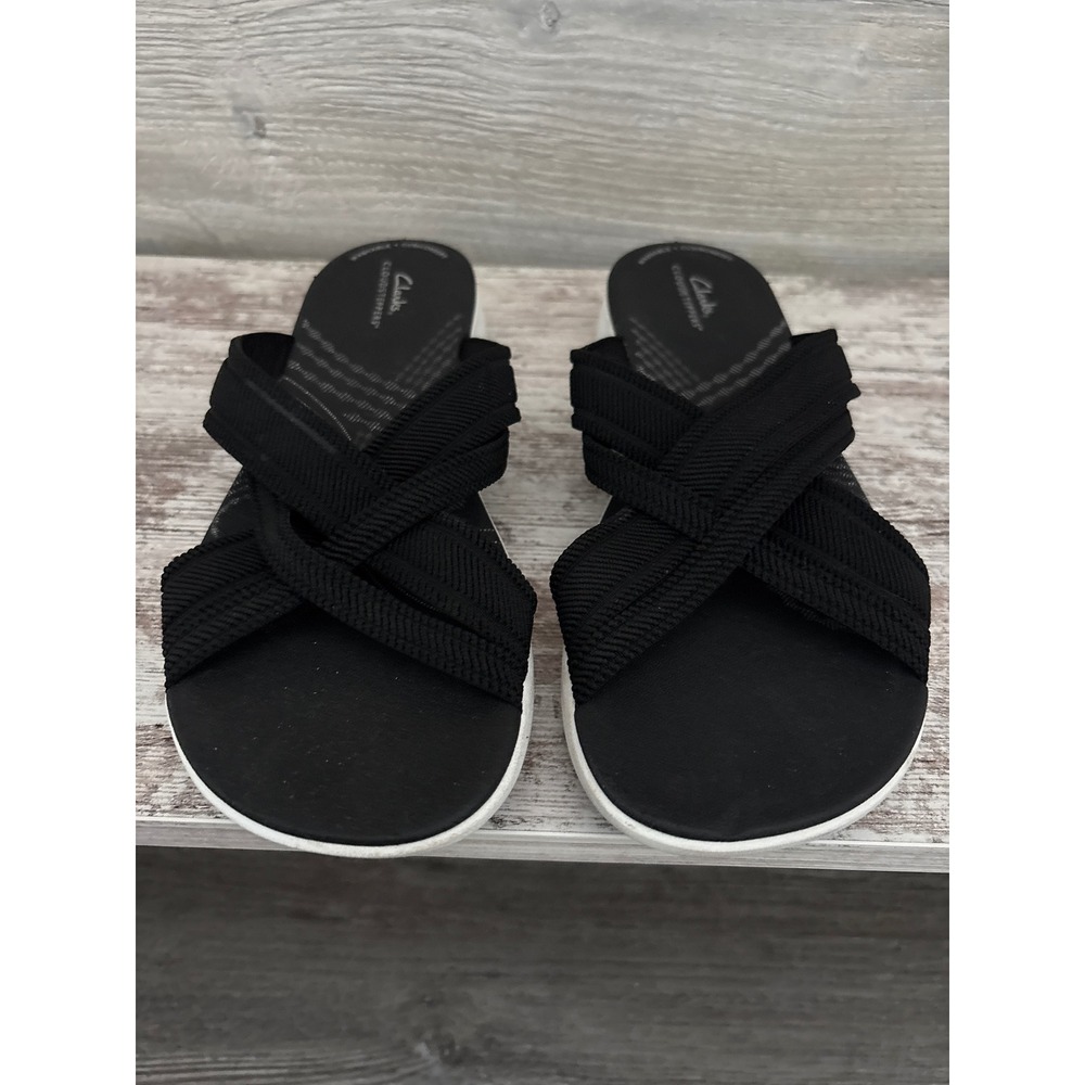 Clarks Cloudsteppers Arla‎ Glison Black Fabric Crisscross Slide Sandals Womens